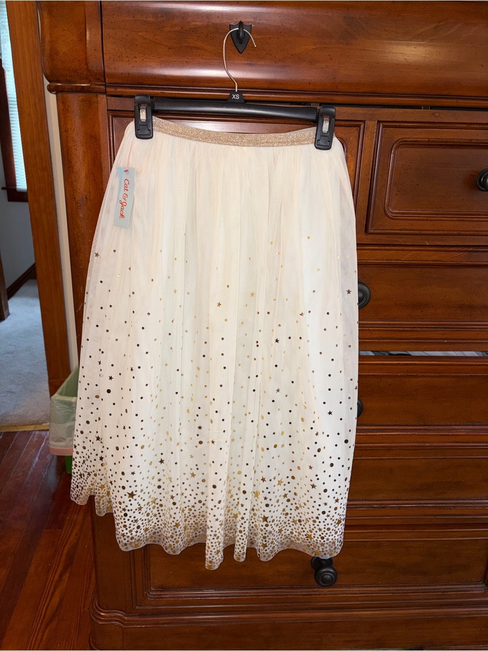 NWT Cat & Jack White Gold Star Tulle Skirt Girls M 7/8 Sparkle Holiday